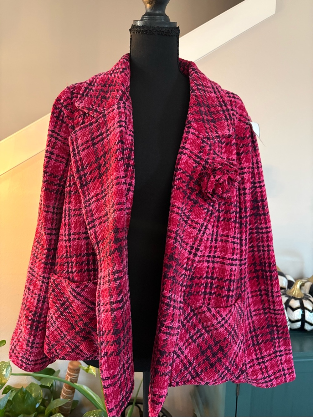 J. Jill Pink Plaid Bouclé Blazer with Flower Detail